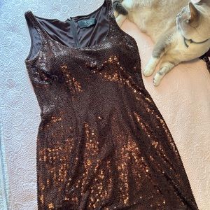 Carmen Marc Valvo brown sequined and beaded sheath sz12.